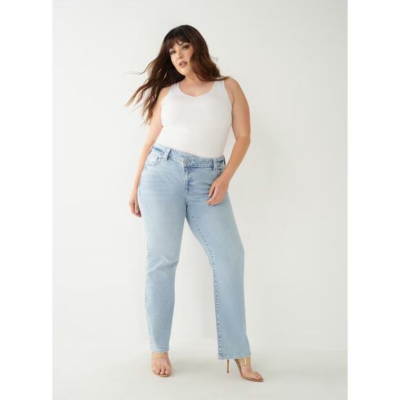 True Religion Denim - True Religion Ricki Relaxed Straight Leg Crossover Waistband Light Wash Jeans